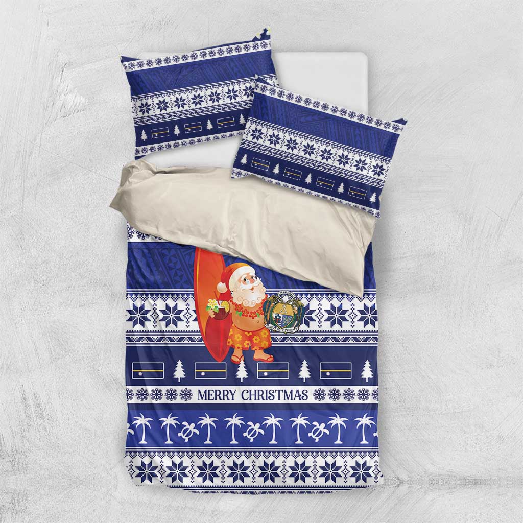 Nauru Christmas Bedding Set Cute Santa Coat Of Arms Merry Xmas LT14 US Twin 172cm x 218cm Navy Blue - Polynesian Pride