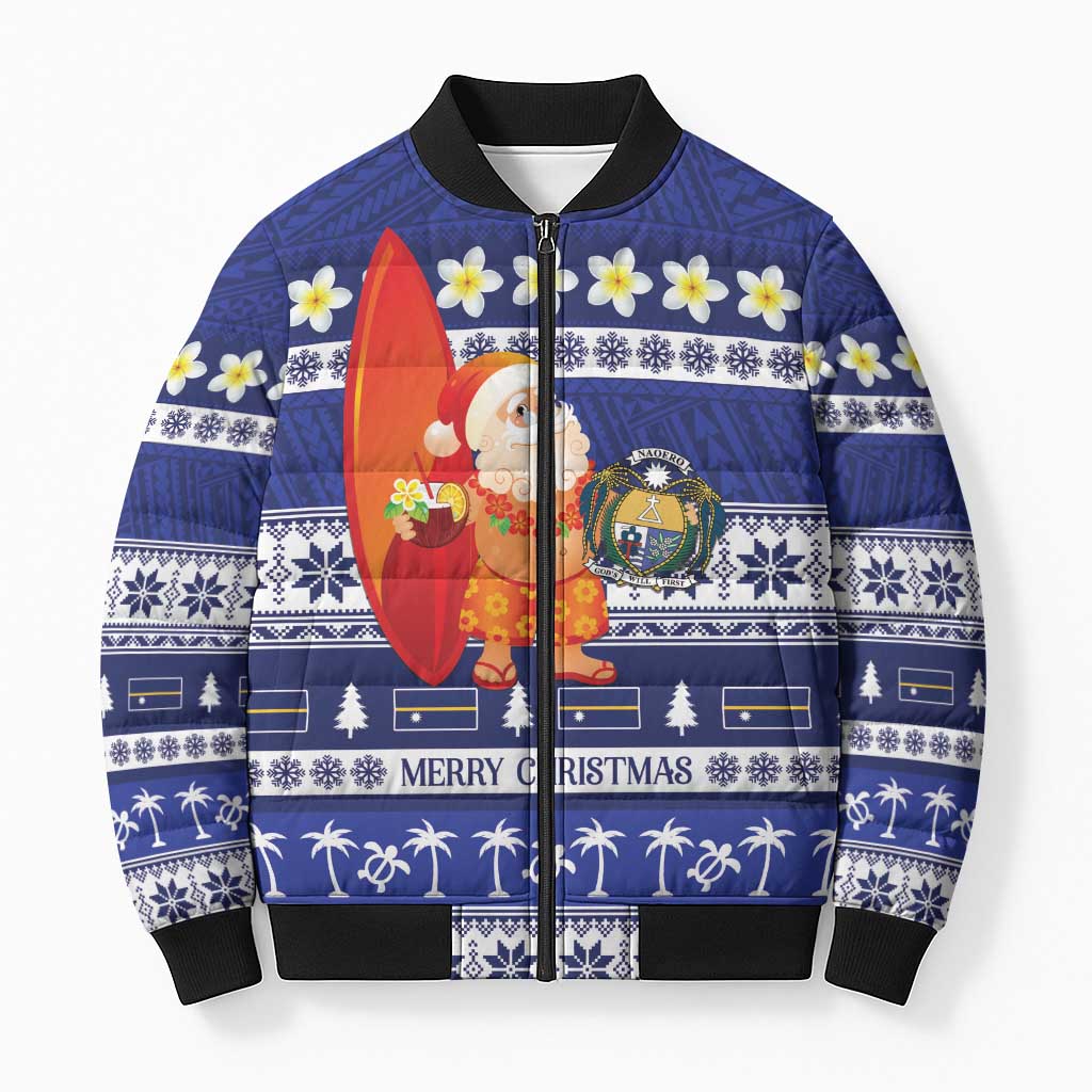 Nauru Christmas Bomber Puffer Jacket Cute Santa Coat Of Arms Merry Xmas LT14 Unisex Navy Blue - Polynesian Pride