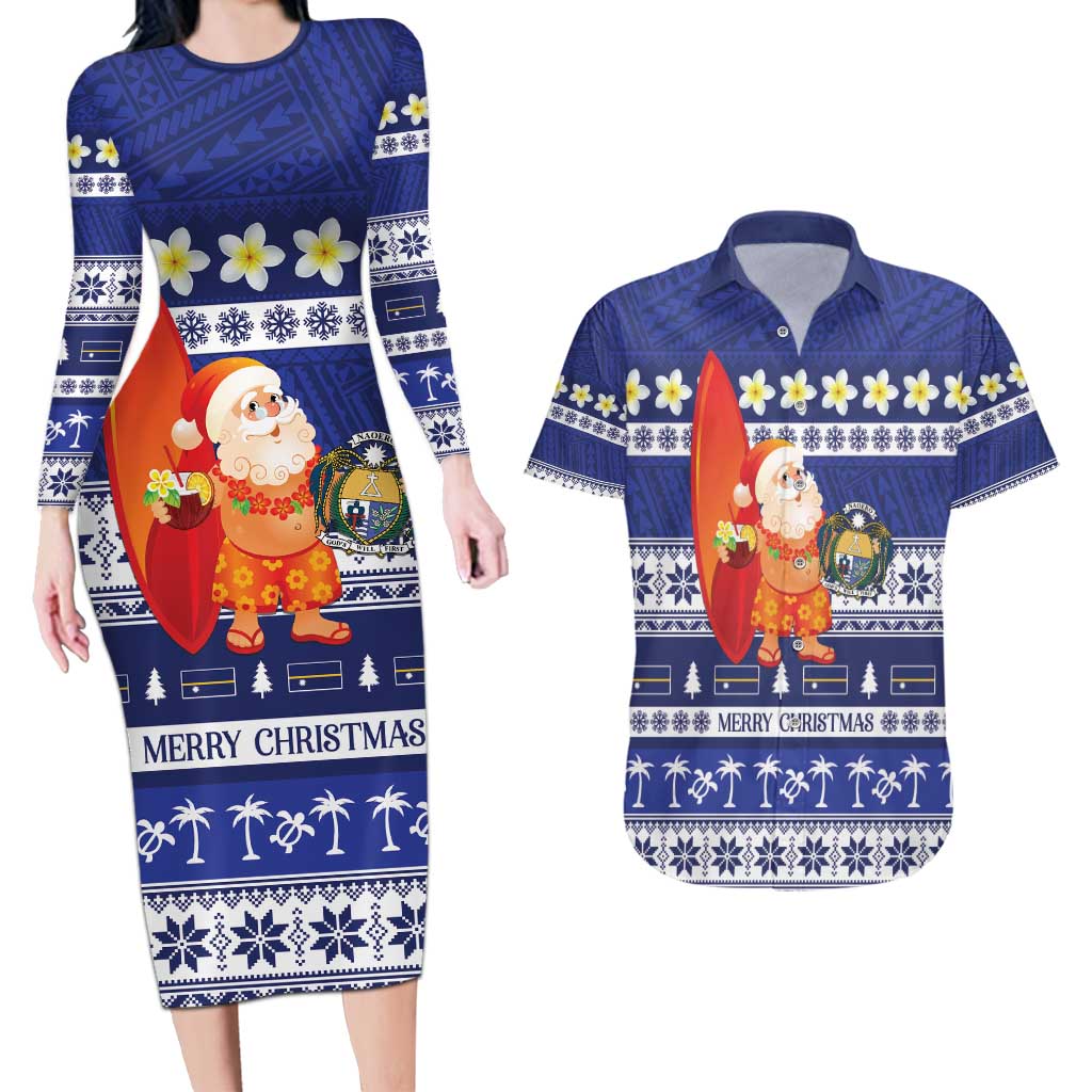 Nauru Christmas Couples Matching Long Sleeve Bodycon Dress and Hawaiian Shirt Cute Santa Coat Of Arms Merry Xmas LT14 Navy Blue - Polynesian Pride