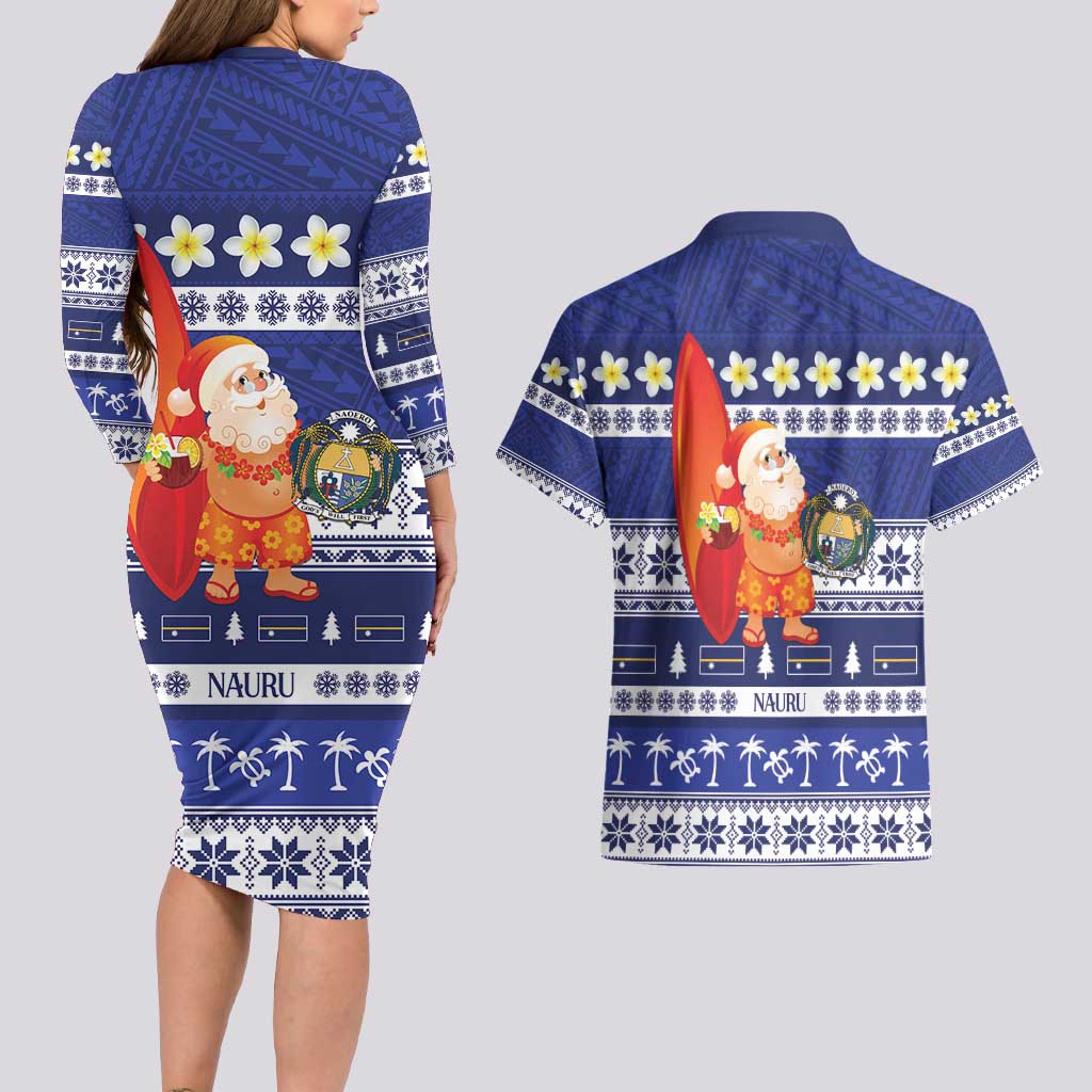 Nauru Christmas Couples Matching Long Sleeve Bodycon Dress and Hawaiian Shirt Cute Santa Coat Of Arms Merry Xmas LT14 - Polynesian Pride