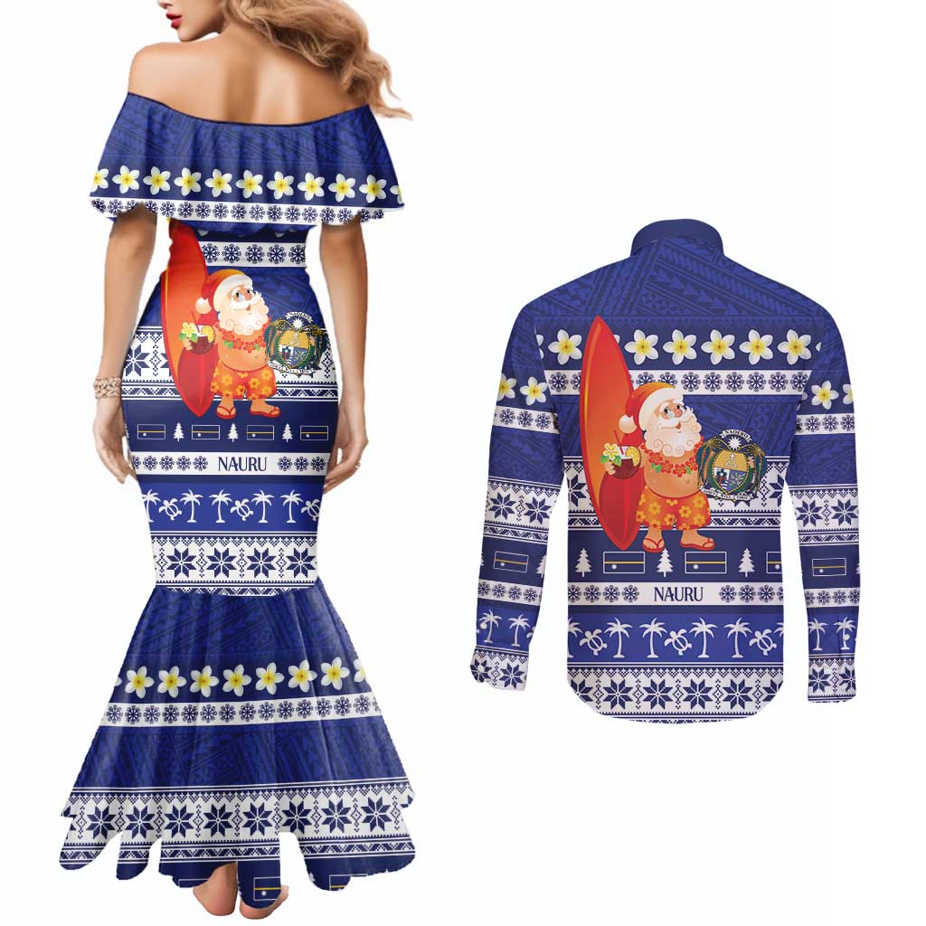 Nauru Christmas Couples Matching Mermaid Dress and Long Sleeve Button Shirt Cute Santa Coat Of Arms Merry Xmas LT14 - Polynesian Pride