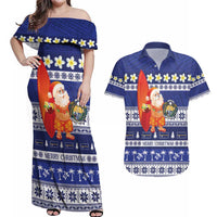 Nauru Christmas Couples Matching Off Shoulder Maxi Dress and Hawaiian Shirt Cute Santa Coat Of Arms Merry Xmas LT14 Navy Blue - Polynesian Pride