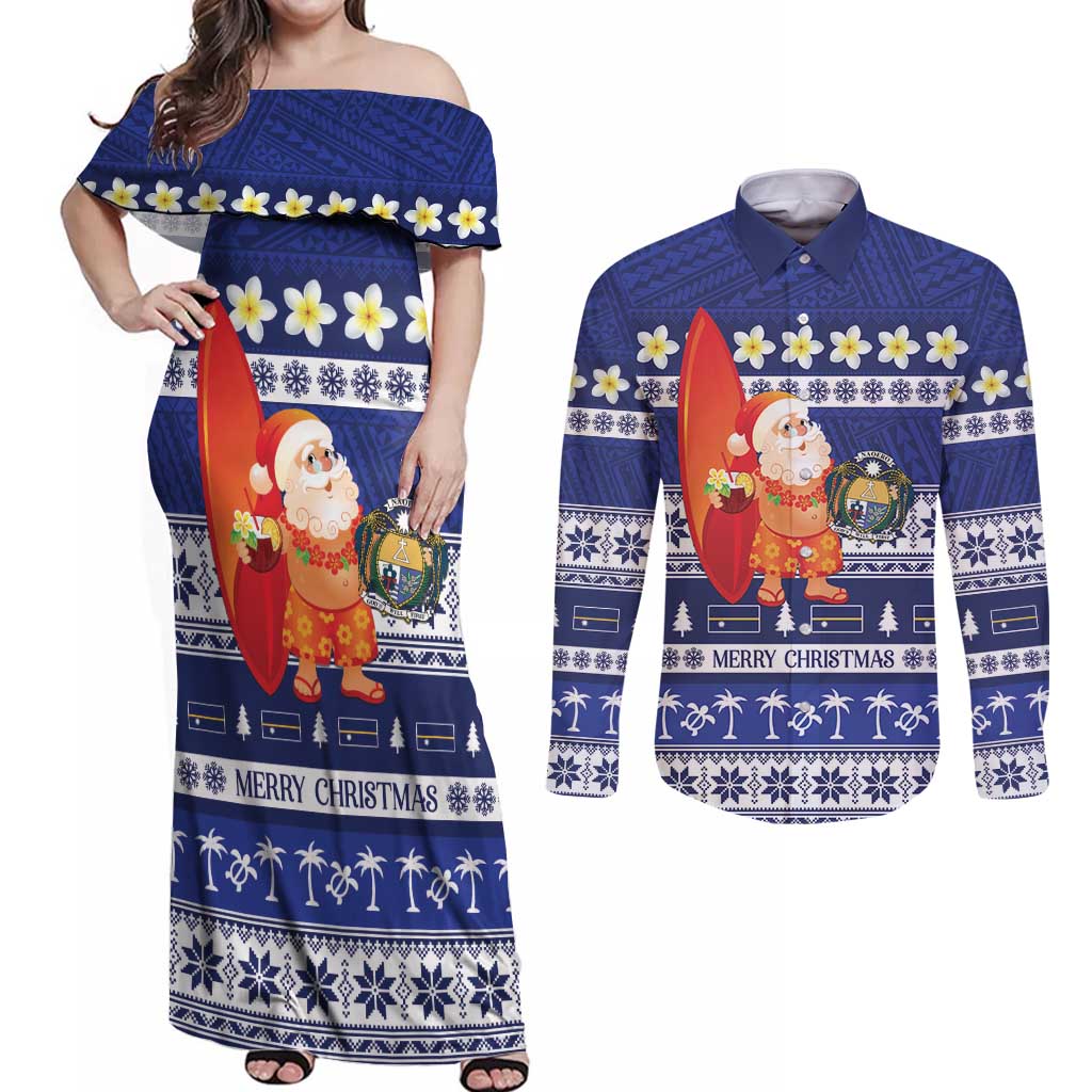 Nauru Christmas Couples Matching Off Shoulder Maxi Dress and Long Sleeve Button Shirt Cute Santa Coat Of Arms Merry Xmas LT14 Navy Blue - Polynesian Pride