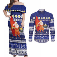 Nauru Christmas Couples Matching Off Shoulder Maxi Dress and Long Sleeve Button Shirt Cute Santa Coat Of Arms Merry Xmas LT14 Navy Blue - Polynesian Pride