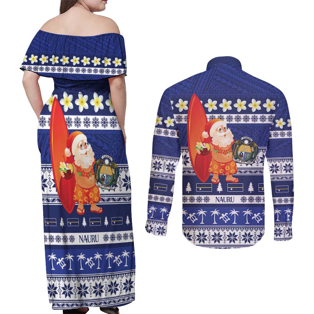 Nauru Christmas Couples Matching Off Shoulder Maxi Dress and Long Sleeve Button Shirt Cute Santa Coat Of Arms Merry Xmas LT14 - Polynesian Pride