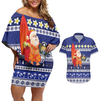 Nauru Christmas Couples Matching Off Shoulder Short Dress and Hawaiian Shirt Cute Santa Coat Of Arms Merry Xmas LT14 Navy Blue - Polynesian Pride