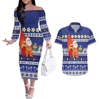 Nauru Christmas Couples Matching Off The Shoulder Long Sleeve Dress and Hawaiian Shirt Cute Santa Coat Of Arms Merry Xmas LT14 Navy Blue - Polynesian Pride