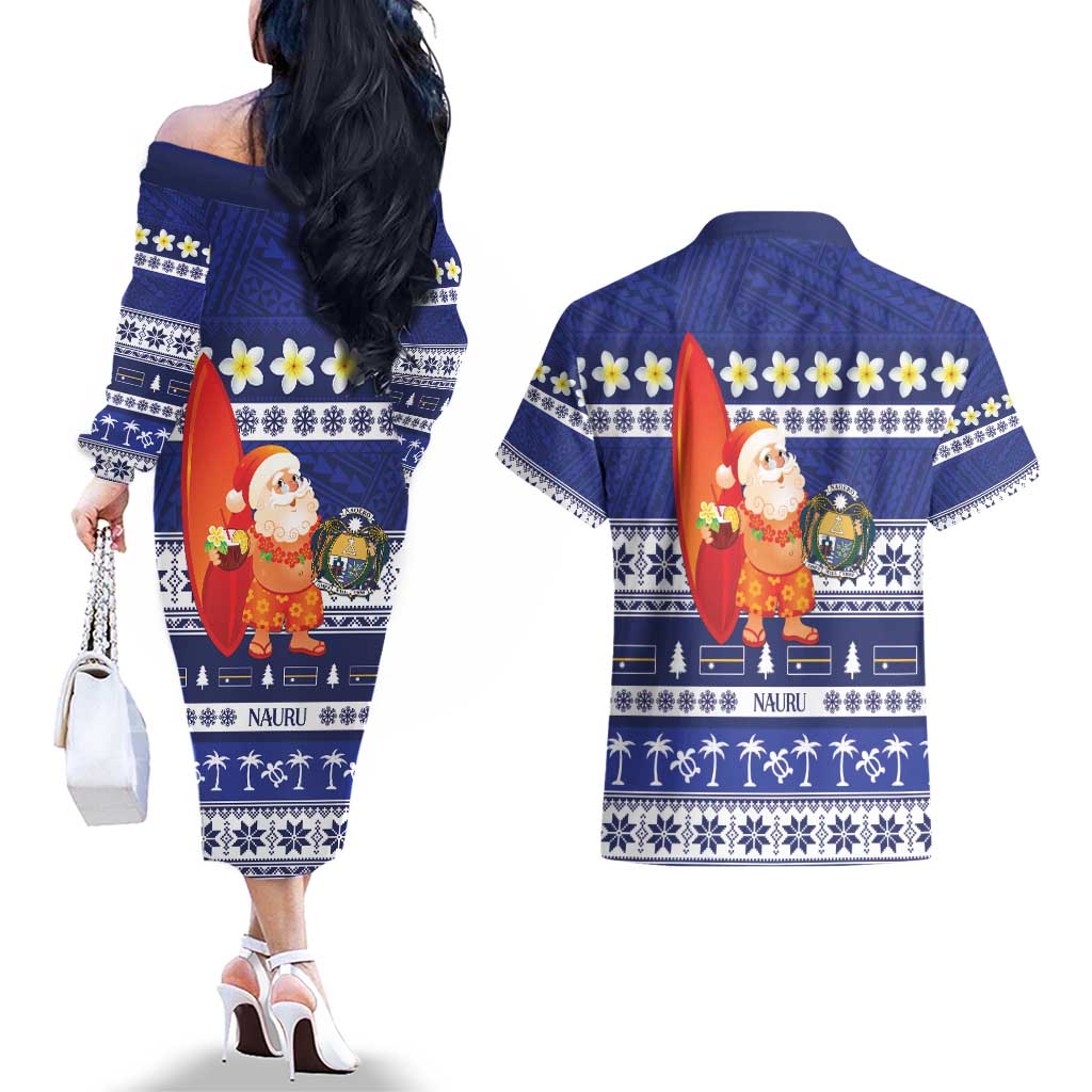 Nauru Christmas Couples Matching Off The Shoulder Long Sleeve Dress and Hawaiian Shirt Cute Santa Coat Of Arms Merry Xmas LT14 - Polynesian Pride