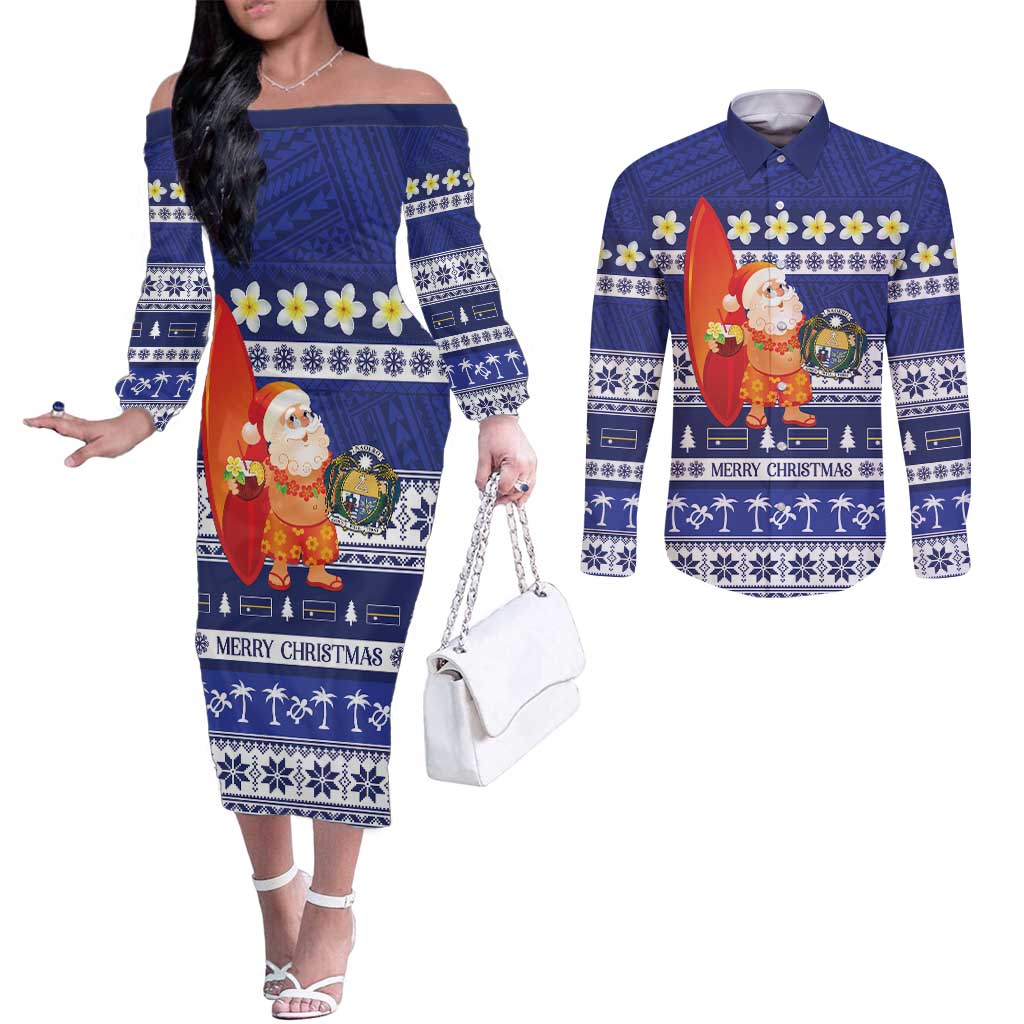 Nauru Christmas Couples Matching Off The Shoulder Long Sleeve Dress and Long Sleeve Button Shirt Cute Santa Coat Of Arms Merry Xmas LT14 Navy Blue - Polynesian Pride