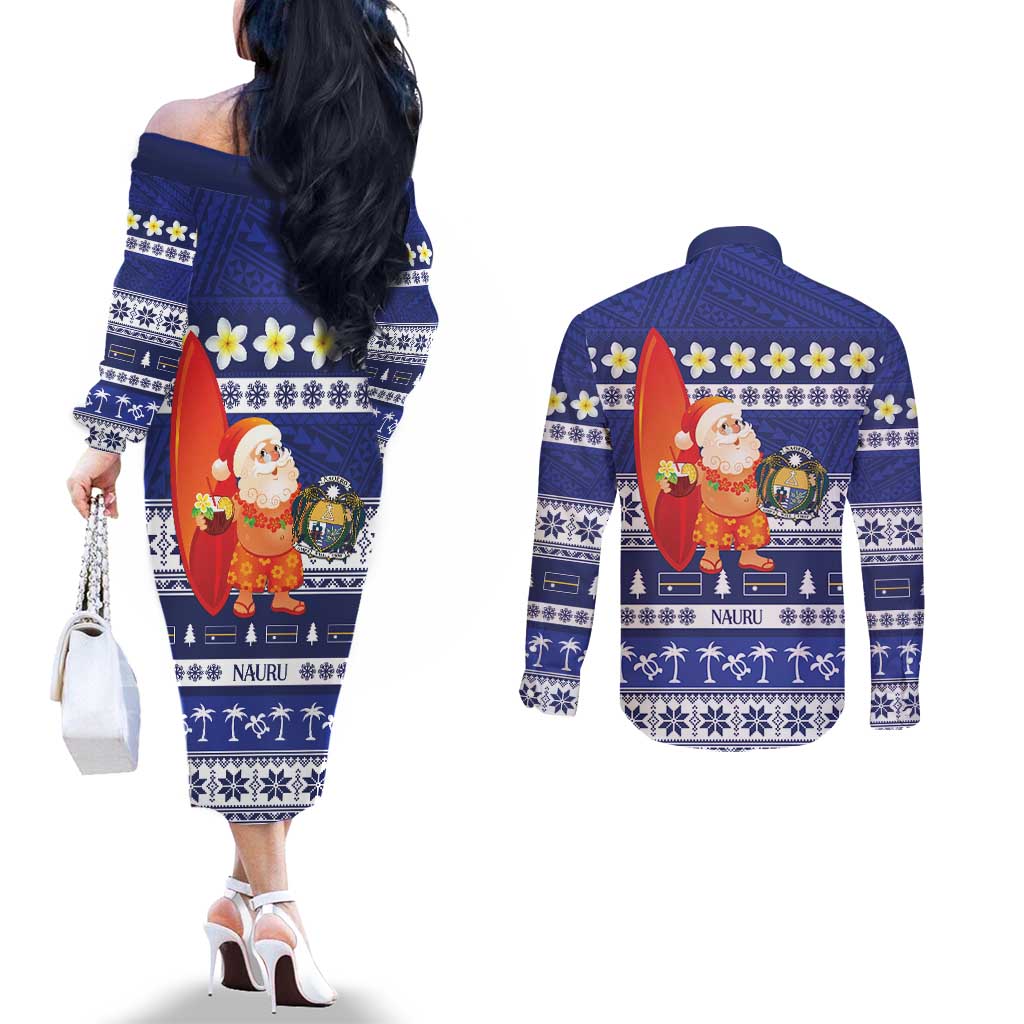 Nauru Christmas Couples Matching Off The Shoulder Long Sleeve Dress and Long Sleeve Button Shirt Cute Santa Coat Of Arms Merry Xmas LT14 - Polynesian Pride