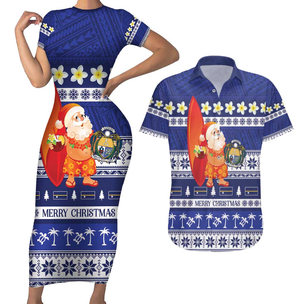 Nauru Christmas Couples Matching Short Sleeve Bodycon Dress and Hawaiian Shirt Cute Santa Coat Of Arms Merry Xmas LT14 Navy Blue - Polynesian Pride