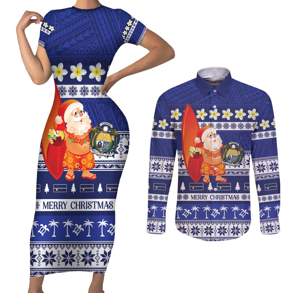 Nauru Christmas Couples Matching Short Sleeve Bodycon Dress and Long Sleeve Button Shirt Cute Santa Coat Of Arms Merry Xmas LT14 Navy Blue - Polynesian Pride
