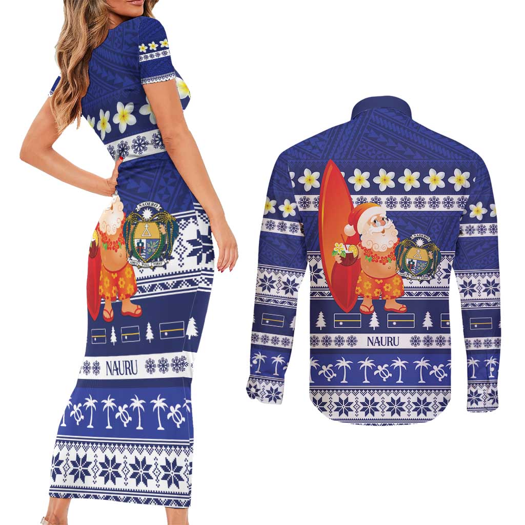 Nauru Christmas Couples Matching Short Sleeve Bodycon Dress and Long Sleeve Button Shirt Cute Santa Coat Of Arms Merry Xmas LT14 - Polynesian Pride