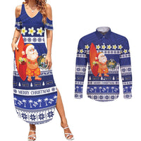 Nauru Christmas Couples Matching Summer Maxi Dress and Long Sleeve Button Shirt Cute Santa Coat Of Arms Merry Xmas LT14 Navy Blue - Polynesian Pride