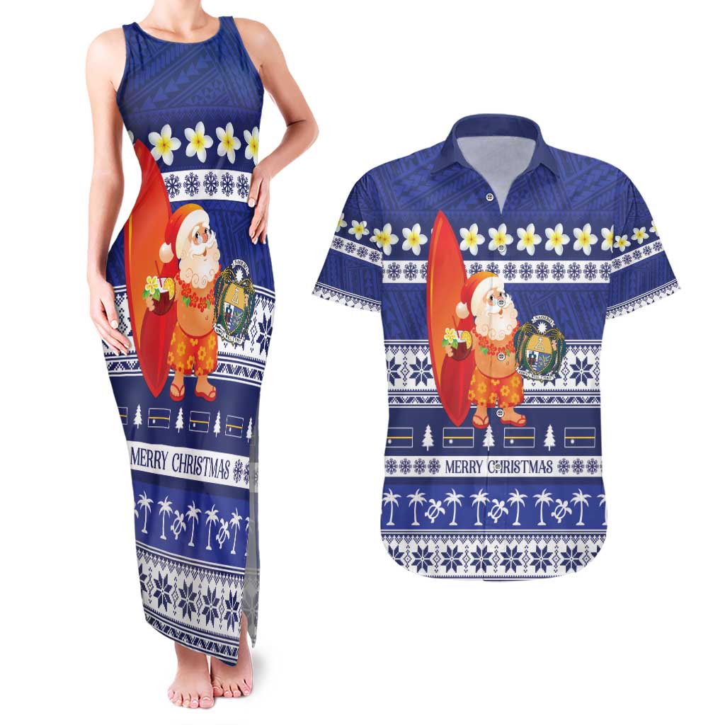 Nauru Christmas Couples Matching Tank Maxi Dress and Hawaiian Shirt Cute Santa Coat Of Arms Merry Xmas LT14 Navy Blue - Polynesian Pride