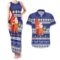 Nauru Christmas Couples Matching Tank Maxi Dress and Hawaiian Shirt Cute Santa Coat Of Arms Merry Xmas LT14 Navy Blue - Polynesian Pride