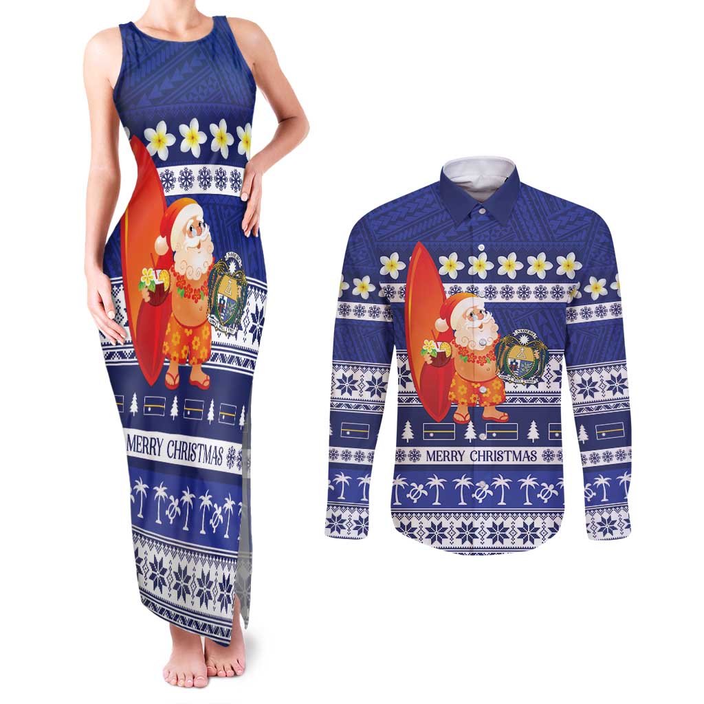 Nauru Christmas Couples Matching Tank Maxi Dress and Long Sleeve Button Shirt Cute Santa Coat Of Arms Merry Xmas LT14 Navy Blue - Polynesian Pride