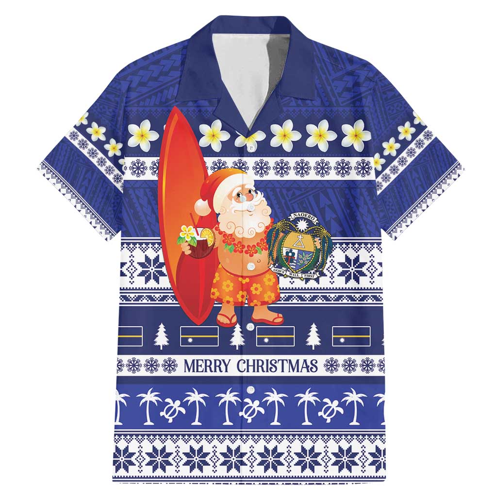 Nauru Christmas Family Matching Mermaid Dress and Hawaiian Shirt Cute Santa Coat Of Arms Merry Xmas LT14 Dad's Shirt - Short Sleeve Navy Blue - Polynesian Pride