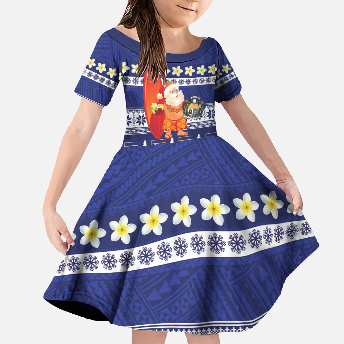 Nauru Christmas Family Matching Off The Shoulder Long Sleeve Dress and Hawaiian Shirt Cute Santa Coat Of Arms Merry Xmas LT14 Daughter's Dress Navy Blue - Polynesian Pride