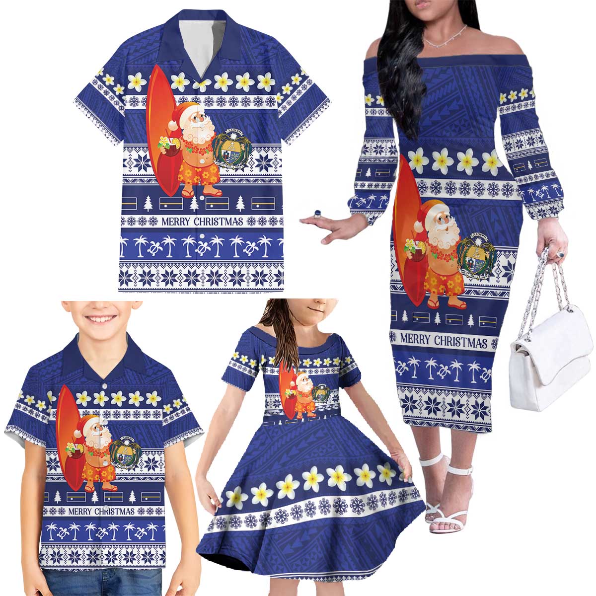 Nauru Christmas Family Matching Off The Shoulder Long Sleeve Dress and Hawaiian Shirt Cute Santa Coat Of Arms Merry Xmas LT14 - Polynesian Pride