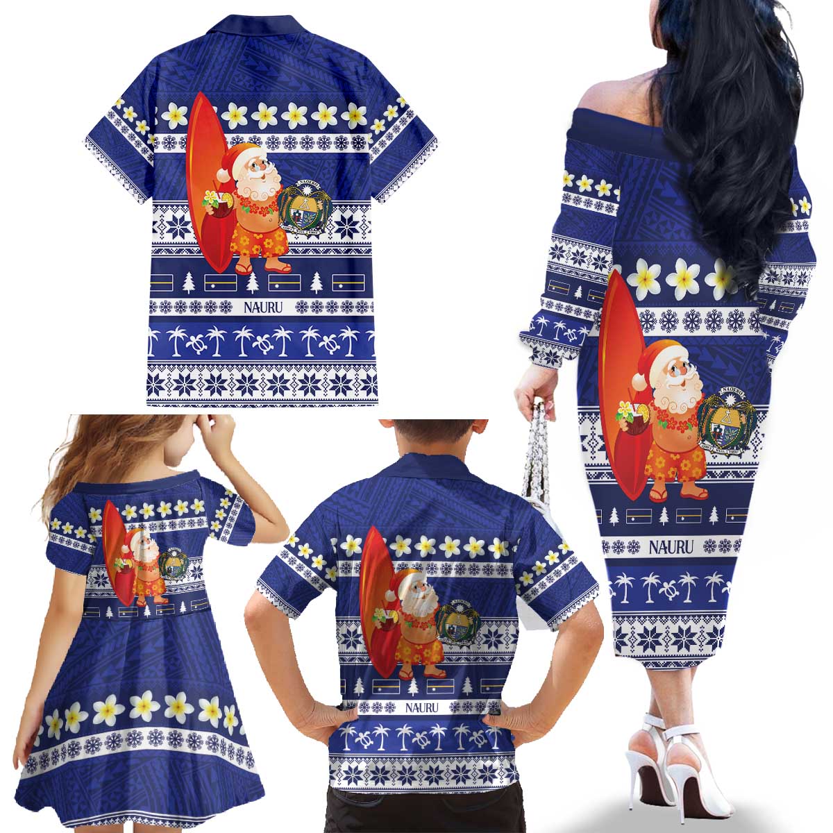 Nauru Christmas Family Matching Off The Shoulder Long Sleeve Dress and Hawaiian Shirt Cute Santa Coat Of Arms Merry Xmas LT14 - Polynesian Pride