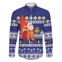 Nauru Christmas Family Matching Off The Shoulder Long Sleeve Dress and Hawaiian Shirt Cute Santa Coat Of Arms Merry Xmas LT14 Dad's Shirt - Long Sleeve Navy Blue - Polynesian Pride