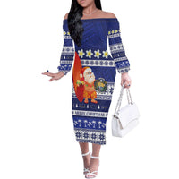 Nauru Christmas Family Matching Off The Shoulder Long Sleeve Dress and Hawaiian Shirt Cute Santa Coat Of Arms Merry Xmas LT14 Mom's Dress Navy Blue - Polynesian Pride