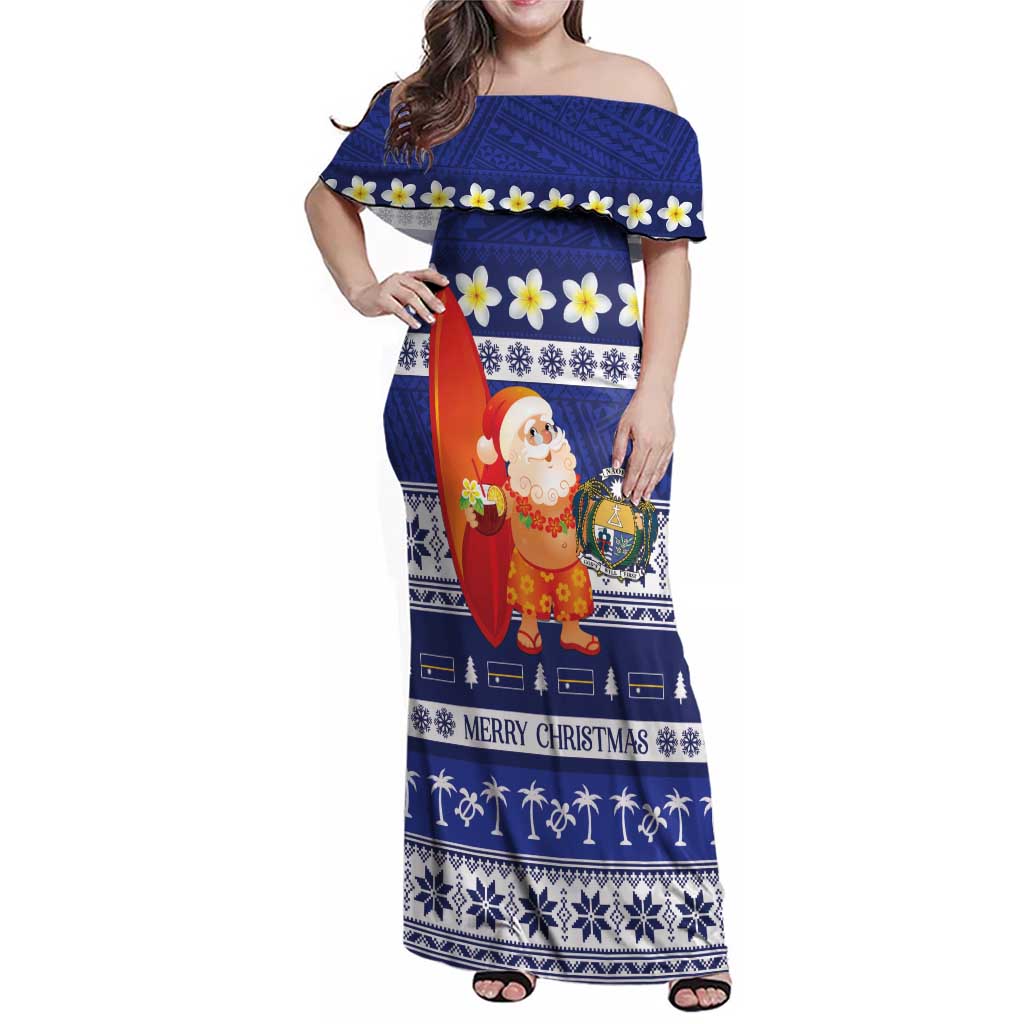 Nauru Christmas Family Matching Off Shoulder Maxi Dress and Hawaiian Shirt Cute Santa Coat Of Arms Merry Xmas LT14 Mom's Dress Navy Blue - Polynesian Pride