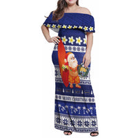 Nauru Christmas Family Matching Off Shoulder Maxi Dress and Hawaiian Shirt Cute Santa Coat Of Arms Merry Xmas LT14 Mom's Dress Navy Blue - Polynesian Pride