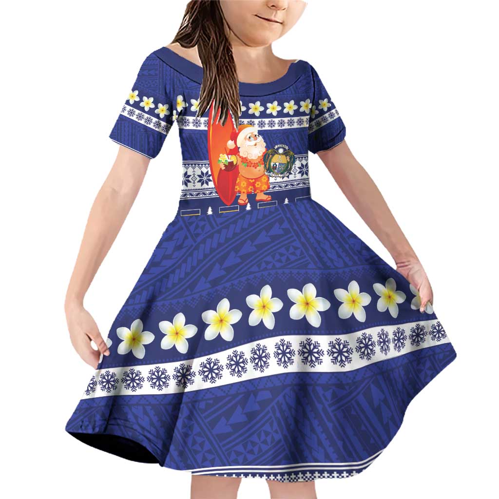 Nauru Christmas Family Matching Off Shoulder Short Dress and Hawaiian Shirt Cute Santa Coat Of Arms Merry Xmas LT14 Daughter's Dress Navy Blue - Polynesian Pride