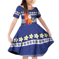 Nauru Christmas Family Matching Off Shoulder Short Dress and Hawaiian Shirt Cute Santa Coat Of Arms Merry Xmas LT14 Daughter's Dress Navy Blue - Polynesian Pride