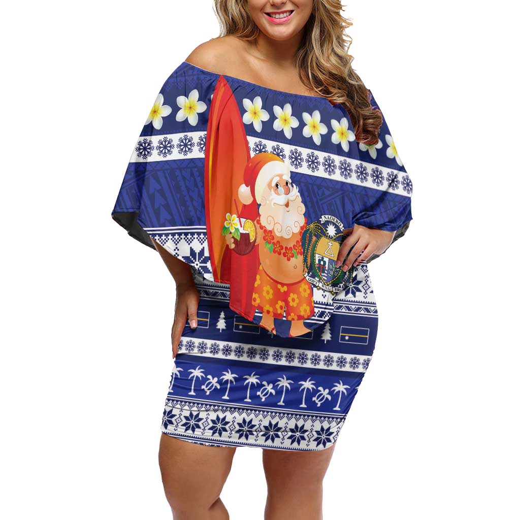 Nauru Christmas Family Matching Off Shoulder Short Dress and Hawaiian Shirt Cute Santa Coat Of Arms Merry Xmas LT14 Mom's Dress Navy Blue - Polynesian Pride