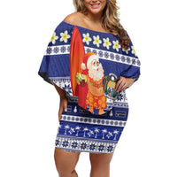 Nauru Christmas Family Matching Off Shoulder Short Dress and Hawaiian Shirt Cute Santa Coat Of Arms Merry Xmas LT14 Mom's Dress Navy Blue - Polynesian Pride