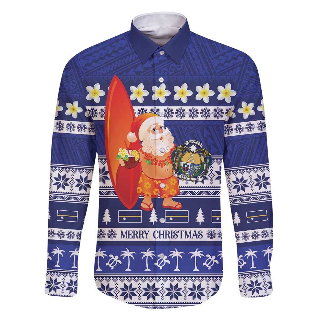 Nauru Christmas Family Matching Puletasi and Hawaiian Shirt Cute Santa Coat Of Arms Merry Xmas LT14 Dad's Shirt - Long Sleeve Navy Blue - Polynesian Pride
