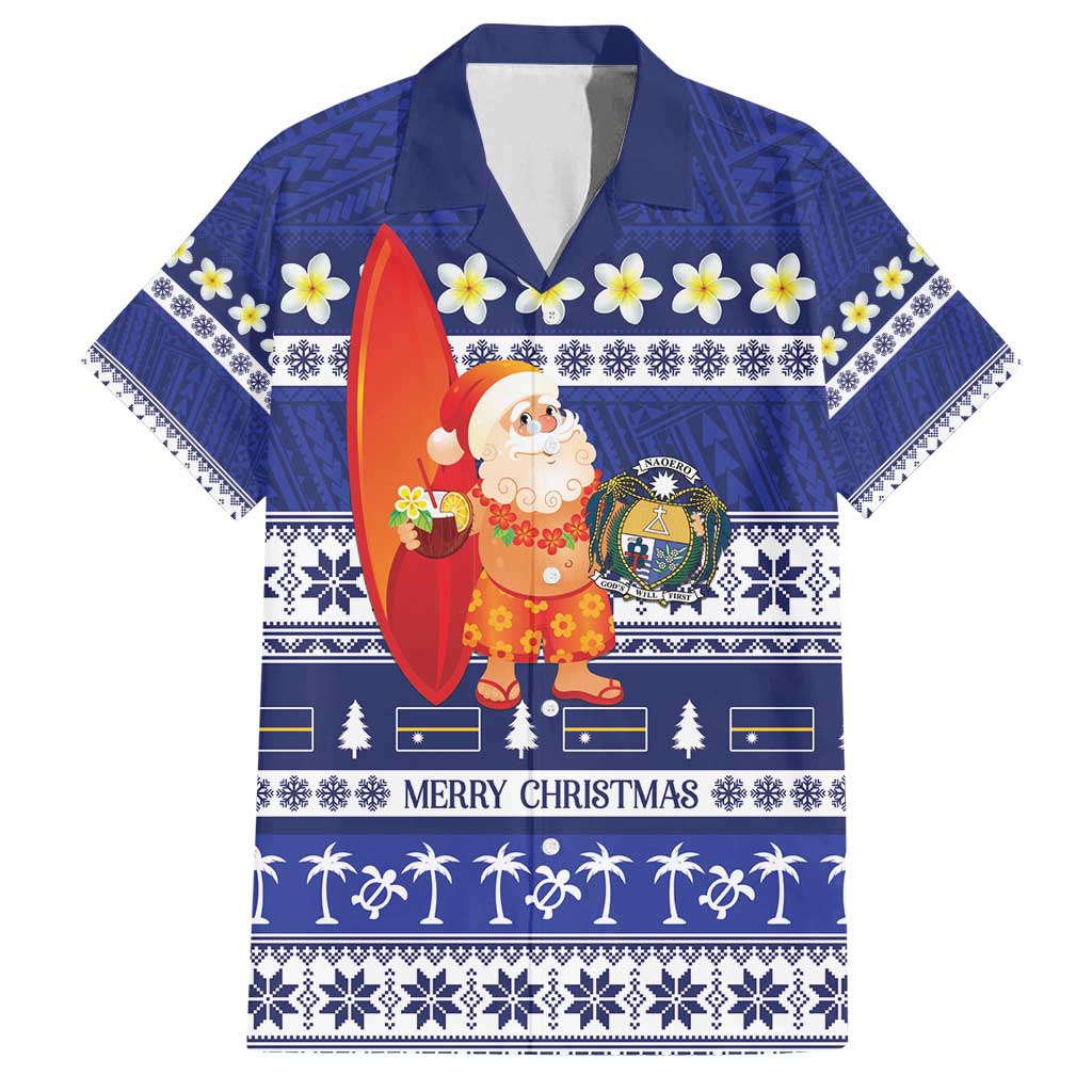 Nauru Christmas Family Matching Tank Maxi Dress and Hawaiian Shirt Cute Santa Coat Of Arms Merry Xmas LT14 Dad's Shirt - Short Sleeve Navy Blue - Polynesian Pride