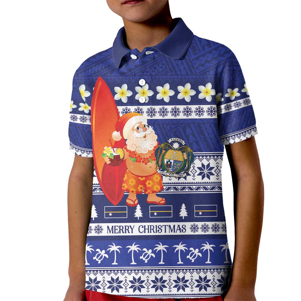 Nauru Christmas Kid Polo Shirt Cute Santa Coat Of Arms Merry Xmas LT14 Kid Navy Blue - Polynesian Pride