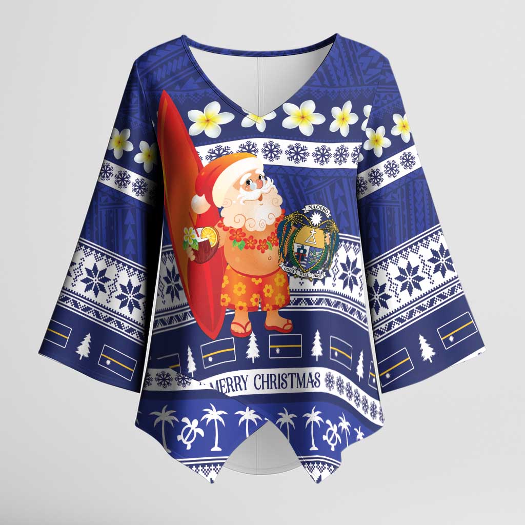 Nauru Christmas Kimono Sleeve Blouse Cute Santa Coat Of Arms Merry Xmas LT14 Female Navy Blue - Polynesian Pride
