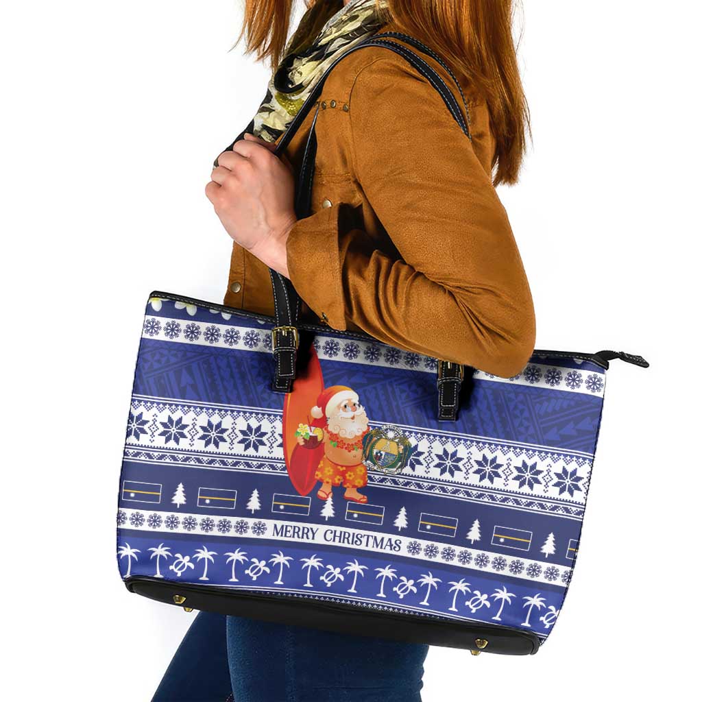 Nauru Christmas Leather Tote Bag Cute Santa Coat Of Arms Merry Xmas - Polynesian Pride