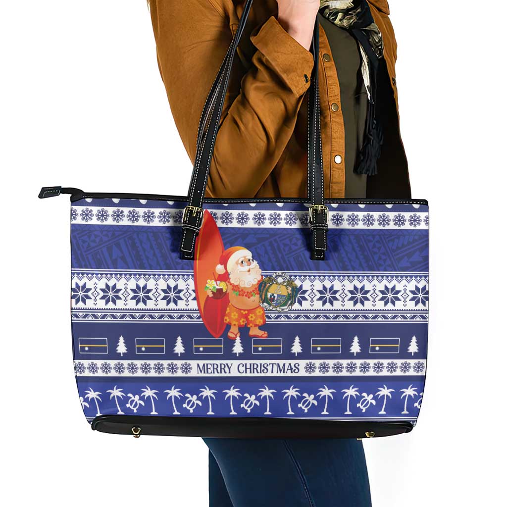 Nauru Christmas Leather Tote Bag Cute Santa Coat Of Arms Merry Xmas - Polynesian Pride