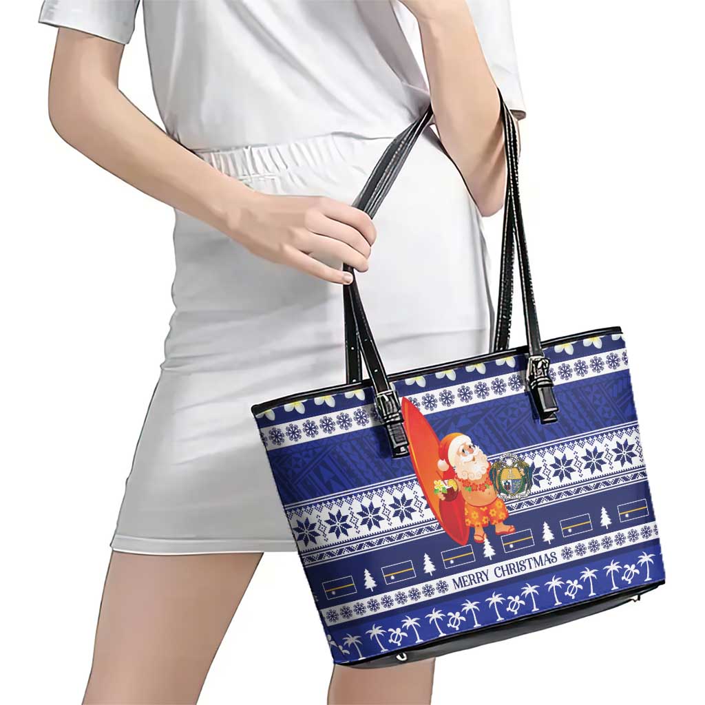 Nauru Christmas Leather Tote Bag Cute Santa Coat Of Arms Merry Xmas - Polynesian Pride