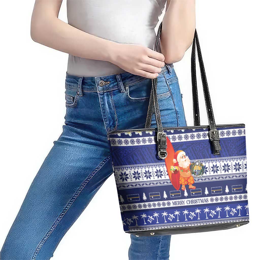 Nauru Christmas Leather Tote Bag Cute Santa Coat Of Arms Merry Xmas - Polynesian Pride