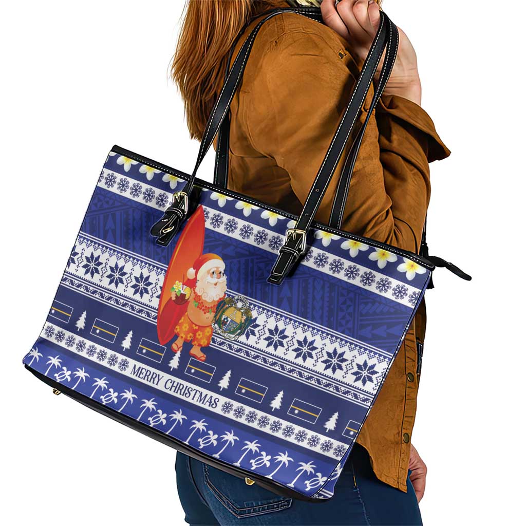 Nauru Christmas Leather Tote Bag Cute Santa Coat Of Arms Merry Xmas - Polynesian Pride