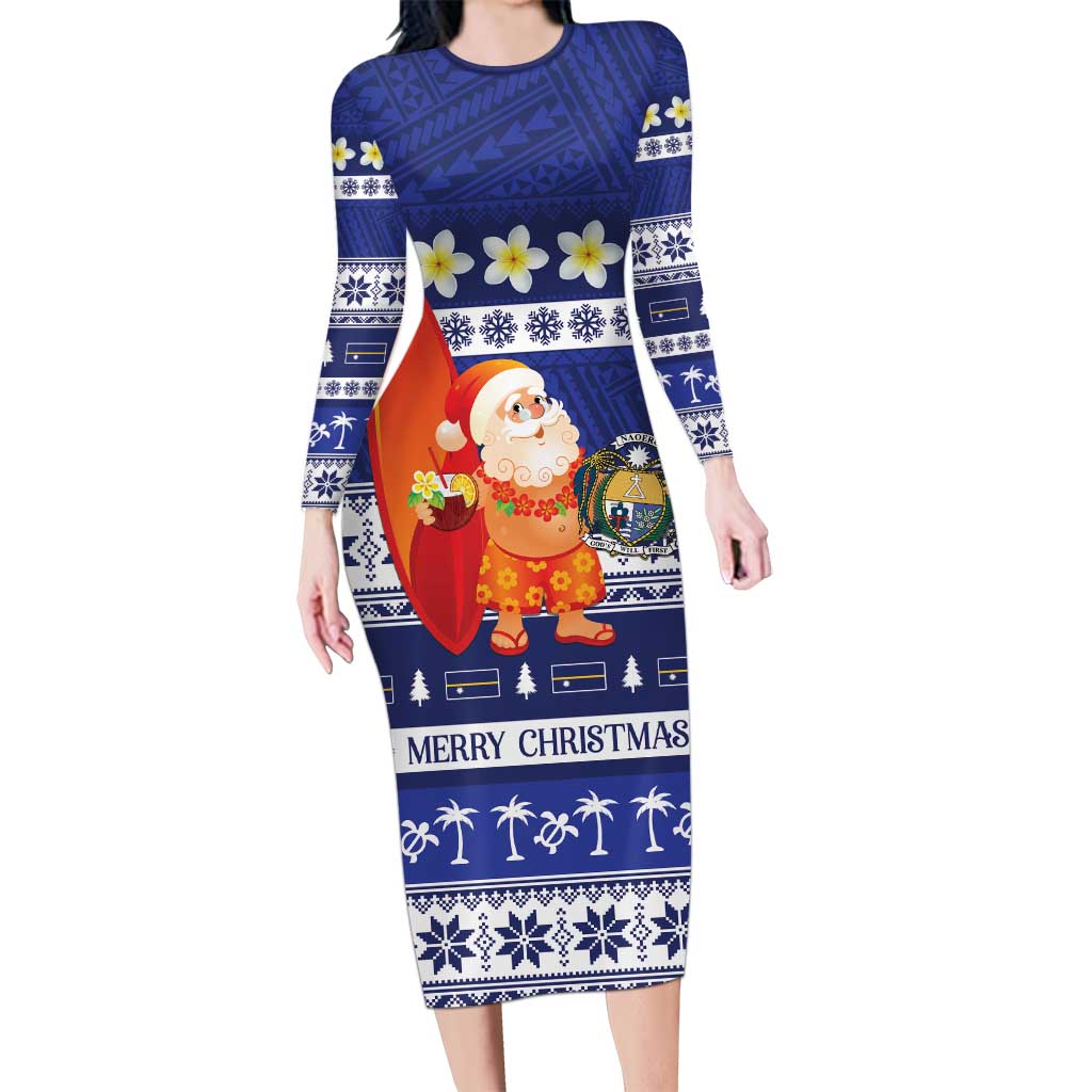 Nauru Christmas Long Sleeve Bodycon Dress Cute Santa Coat Of Arms Merry Xmas LT14 Long Dress Navy Blue - Polynesian Pride