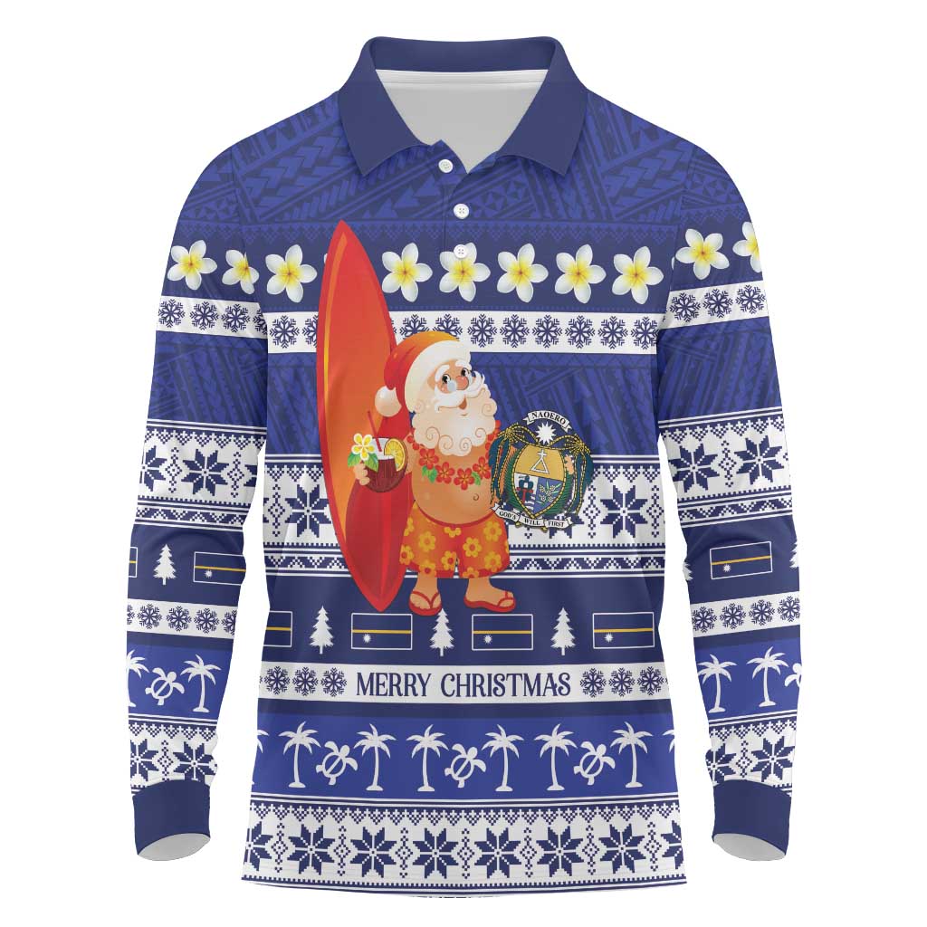 Nauru Christmas Long Sleeve Polo Shirt Cute Santa Coat Of Arms Merry Xmas LT14 Navy Blue - Polynesian Pride