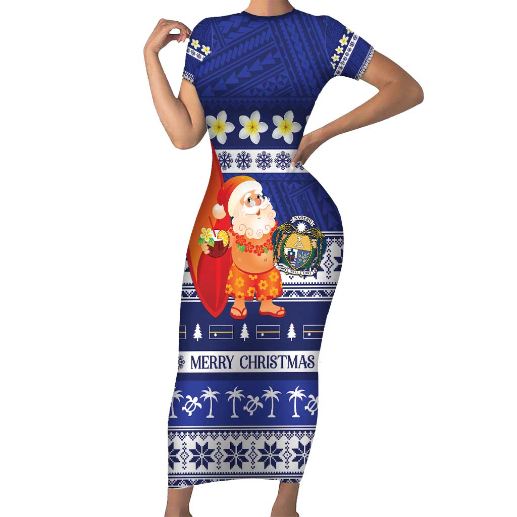 Nauru Christmas Short Sleeve Bodycon Dress Cute Santa Coat Of Arms Merry Xmas LT14 Long Dress Navy Blue - Polynesian Pride