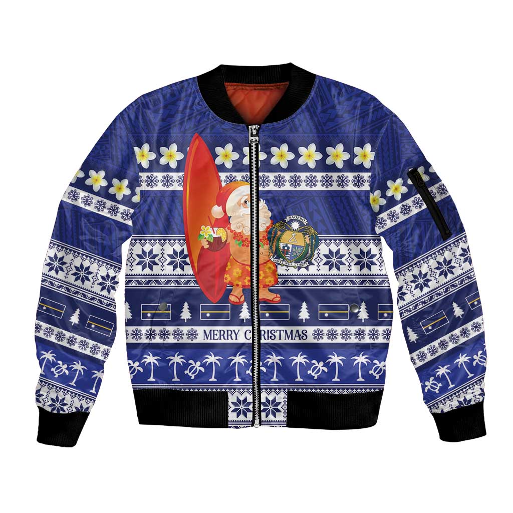 Nauru Christmas Sleeve Zip Bomber Jacket Cute Santa Coat Of Arms Merry Xmas LT14 Unisex Navy Blue - Polynesian Pride