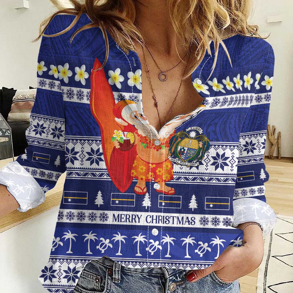 Nauru Christmas Women Casual Shirt Cute Santa Coat Of Arms Merry Xmas LT14 Female Navy Blue - Polynesian Pride