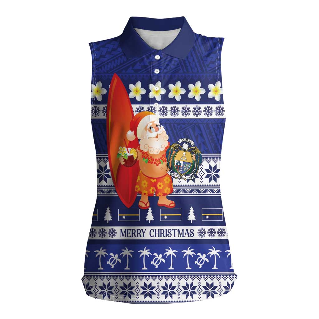 Nauru Christmas Women Sleeveless Polo Shirt Cute Santa Coat Of Arms Merry Xmas LT14 Female Navy Blue - Polynesian Pride