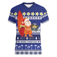 Nauru Christmas Women V-Neck T-Shirt Cute Santa Coat Of Arms Merry Xmas LT14 Female Navy Blue - Polynesian Pride