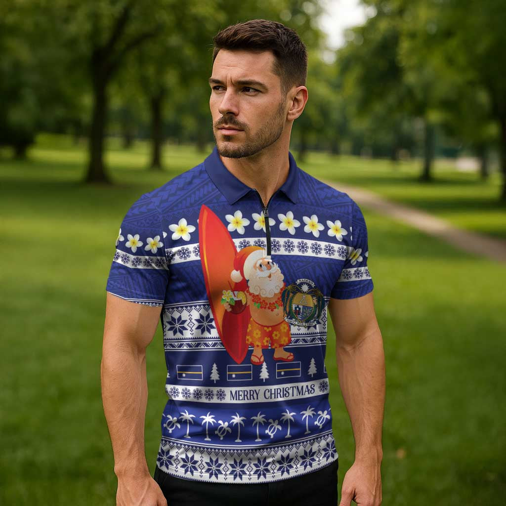 Nauru Christmas Zipper Polo Shirt Cute Santa Coat Of Arms Merry Xmas - Polynesian Pride